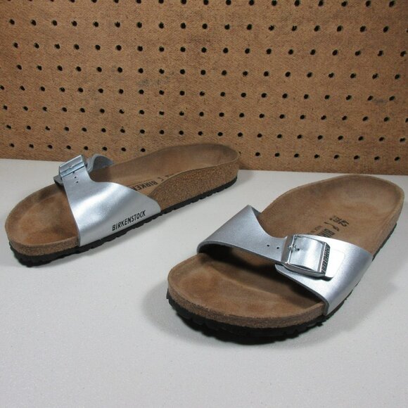 Birkenstock womens silver Madrid Birko-Flor slide sandals 11 M EUC - Picture 1 of 6